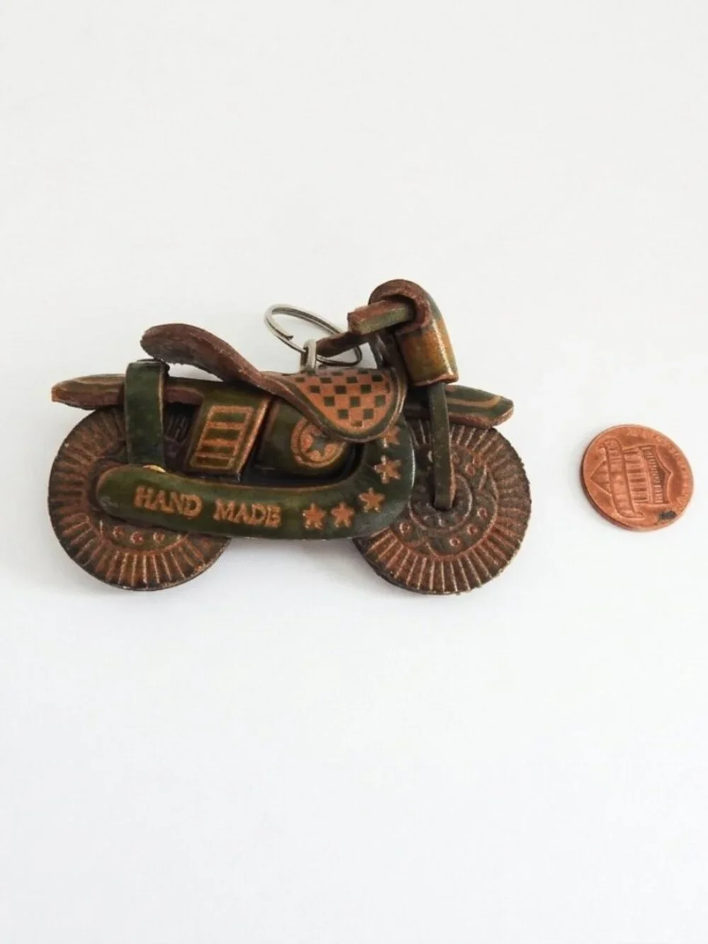 Vintage Handmade Molded Leather Motorcycle Keychain 
